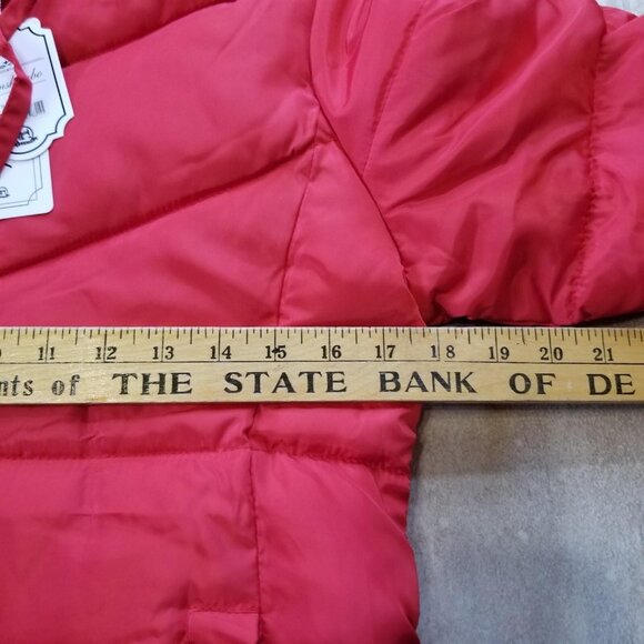 ✅Hooded Red Puffer Jacket Knee Length Zip Up Winter Coat Women's M *SEAM SPLIT* - Picture 11 of 16